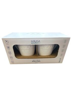 Mikasa Trellis White Bone China Mugs Set of 4 Chip Resistant 16 Oz Coffee Cups